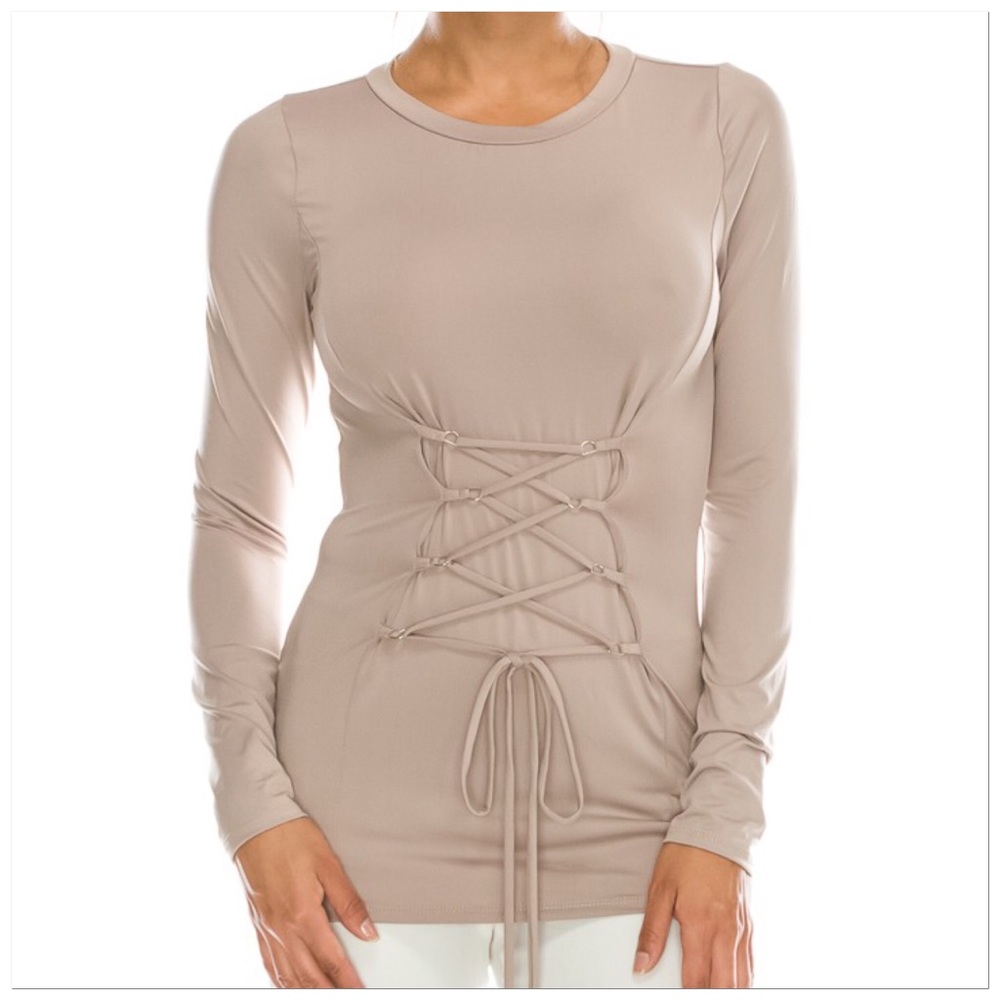 🆕Tan Long Sleeve T-shirt W Lace-up Corset Front